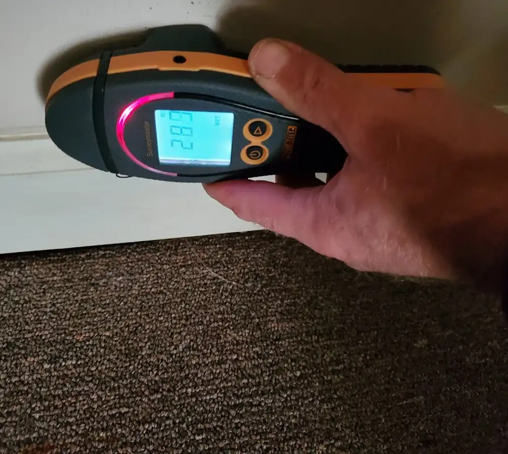 Moisture detection at baseboard during Burst Pipe Cleanup in Wyldwood